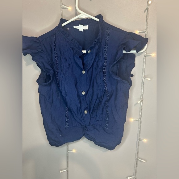 e & m Tops - Navy Ruffled Button-Up Blouse